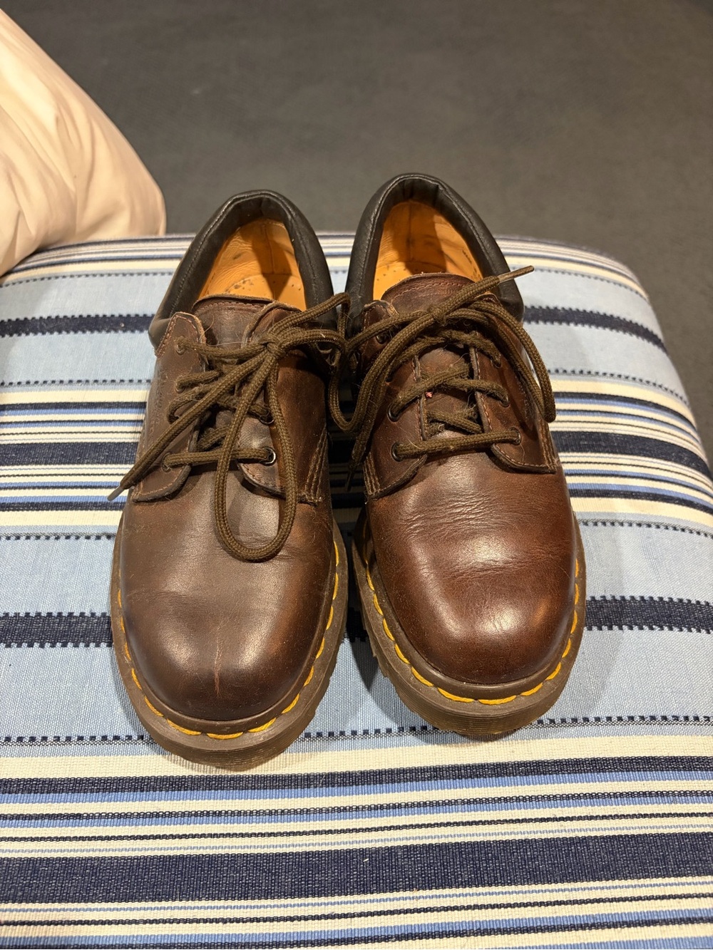 Dr. Martens Women's Brown Leather Lace-Up Flats with Yellow Stitching